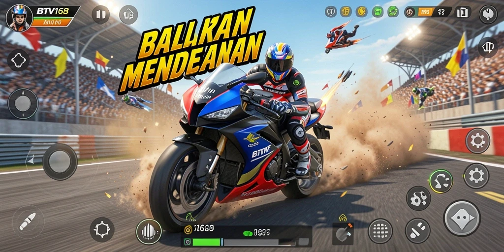 Tampilan gameplay BTV168 yang penuh aksi di lintasan balapan.