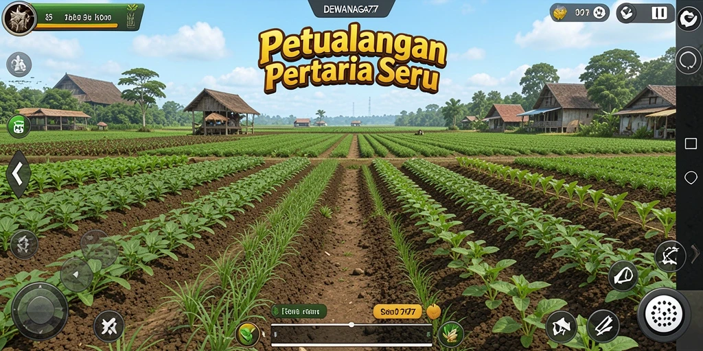 Screenshot DEWANAGA77 menampilkan ladang yang rimbun dan aktivitas bertani.