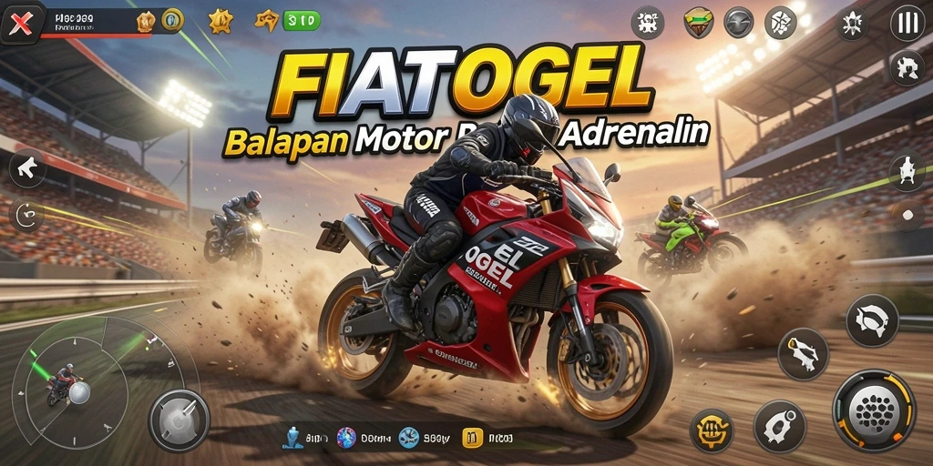 Tangkapan layar gameplay <strong>FIATOGEL</strong> menampilkan aksi balapan motor yang menegangkan.