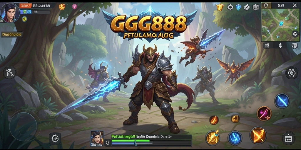 Screenshot gameplay GGG888 menampilkan pertarungan epik dan dunia fantasi yang luas.