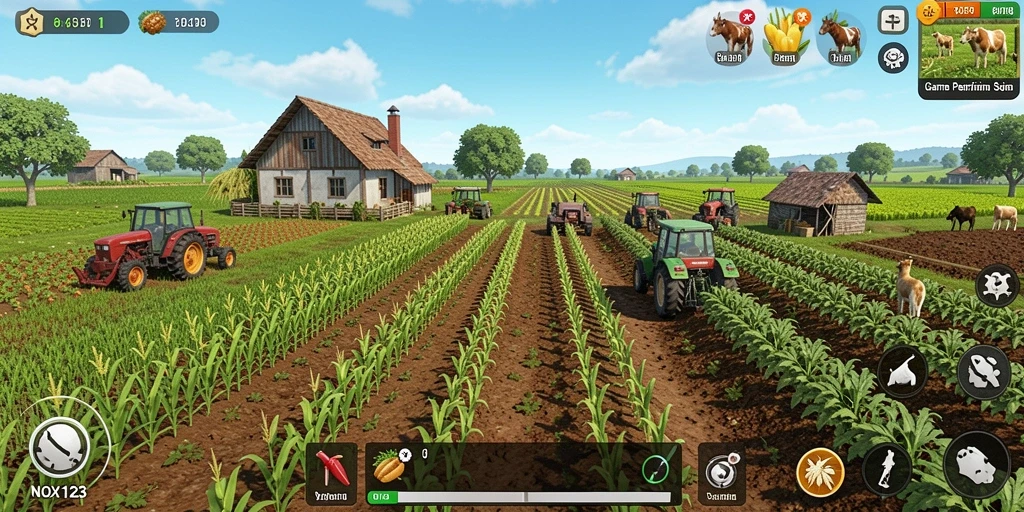 Screenshot gameplay NOX123 menampilkan aktivitas bertani yang seru.