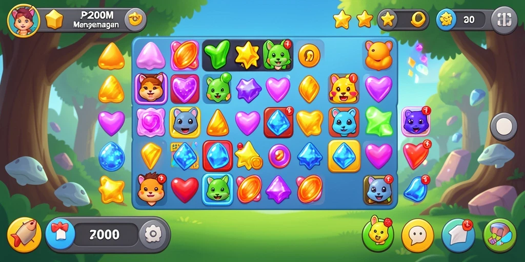 Tangkapan layar P200M menampilkan kombinasi warna-warni dalam gameplay Match-3.