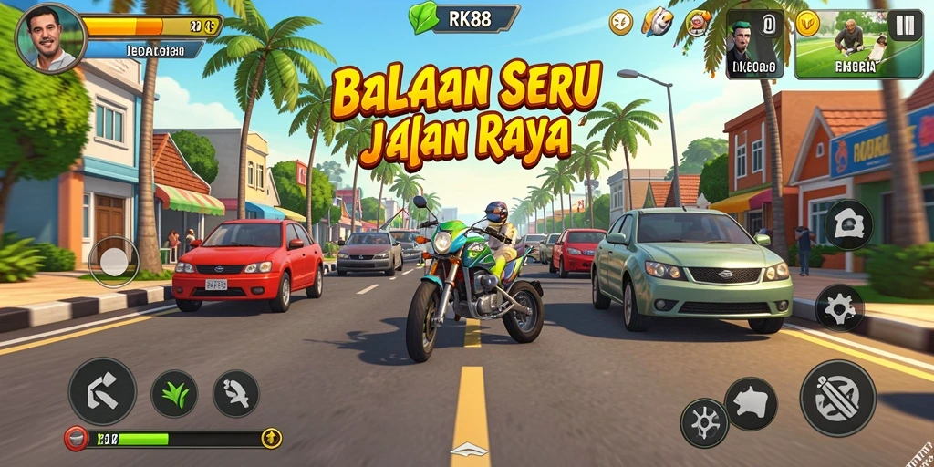 Tampilan gameplay RK88 saat balapan di lintasan menegangkan.